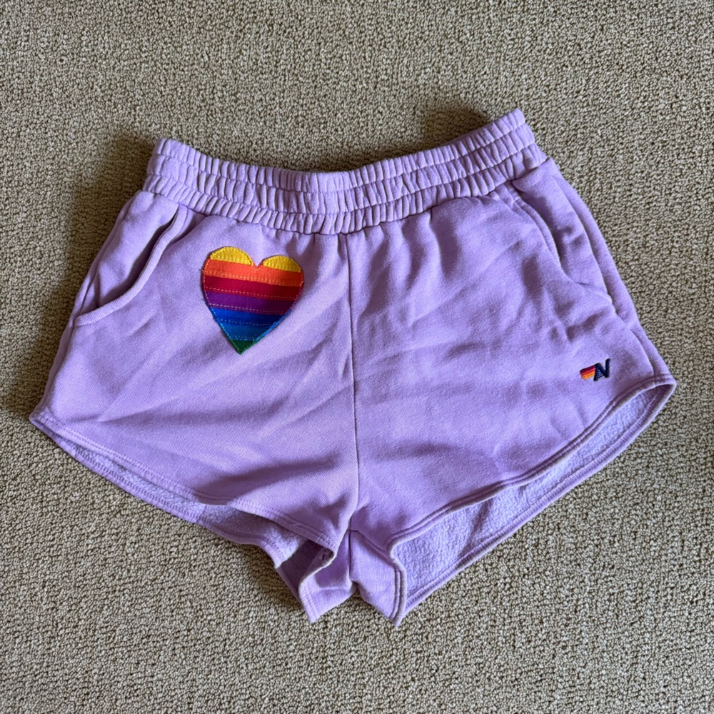 Aviator Nation Purple Shorts with Rainbow Heart